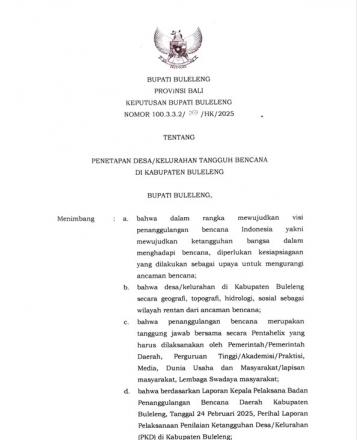 Keputusan Bupati Buleleng tentang Penetapan Desa Kelurahan Tangguh Bencana di Kabupaten Buleleng